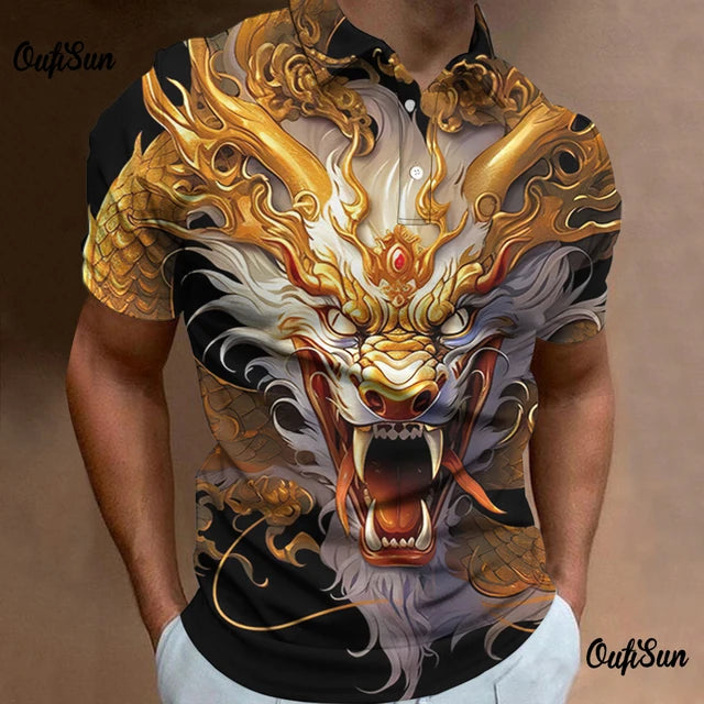 Dragon Pattern Polo Shirt For Men Fashion Short Sleeved Animal Tops Breathable Casual Men's Clothing New Style Polos Para Hombre