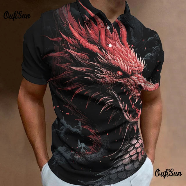 Dragon Pattern Polo Shirt For Men Fashion Short Sleeved Animal Tops Breathable Casual Men's Clothing New Style Polos Para Hombre