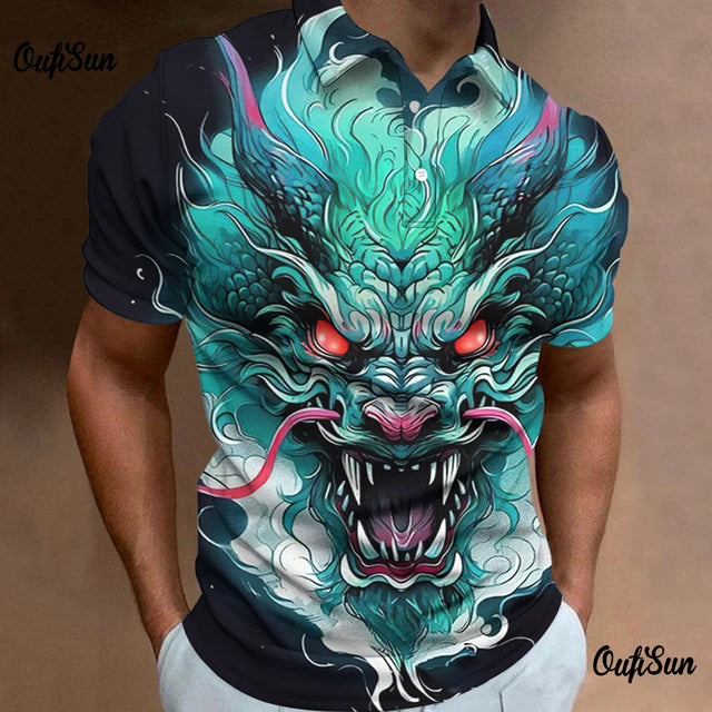 Dragon Pattern Polo Shirt For Men Fashion Short Sleeved Animal Tops Breathable Casual Men's Clothing New Style Polos Para Hombre