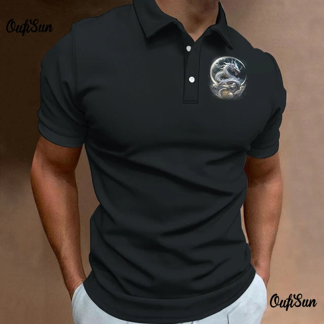 Dragon Pattern Polo Shirt For Men Fashion Short Sleeved Animal Tops Breathable Casual Men's Clothing New Style Polos Para Hombre