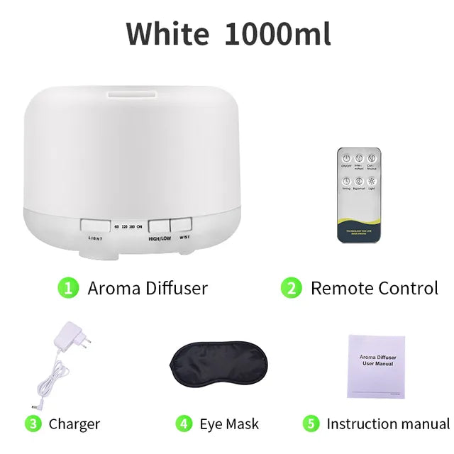 saengQ Electric Aroma Diffuser Air Humidifier 300ML 500ML 1000ML Ultrasonic Cool Mist Maker Fogger LED Essential Oil Diffuser