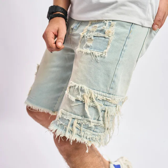 2023 Summer Men Streetwear Ripped Patch Denim Shorts Stylish Solid Casual Straight Male Jeans Five-point Pants