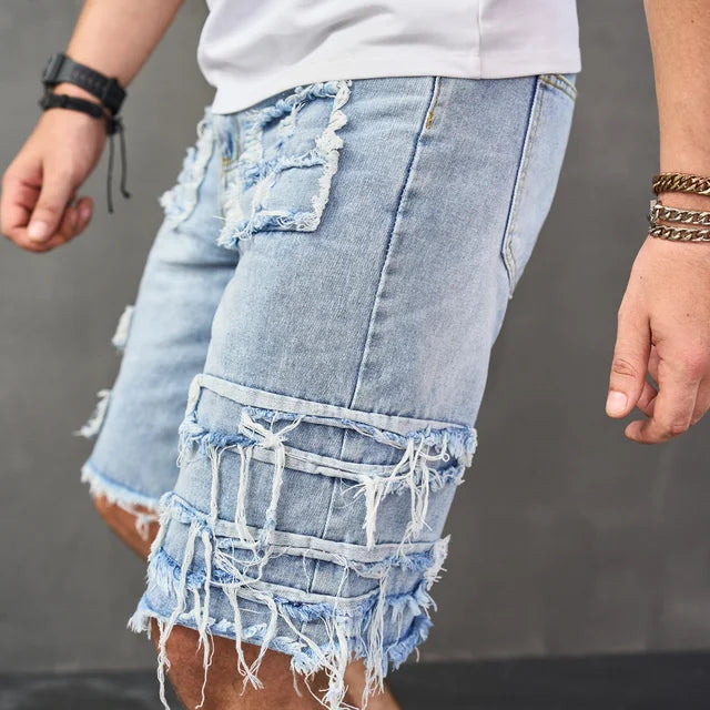 2023 Summer Men Streetwear Ripped Patch Denim Shorts Stylish Solid Casual Straight Male Jeans Five-point Pants