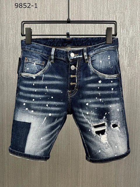 summer Men's Denim Shorts Print Letter Breeches Half Pants Slim Fit Elasticity Splatted Paint Beggar Trousers dsq2 jeans short