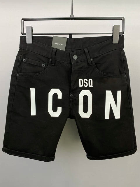 summer Men's Denim Shorts Print Letter Breeches Half Pants Slim Fit Elasticity Splatted Paint Beggar Trousers dsq2 jeans short