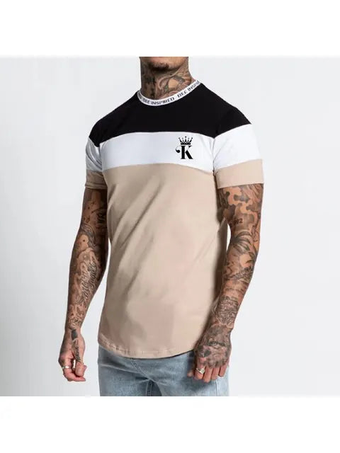 Summer Men's Fashion K Print Color Matching Casual Slim Fitting Short Sleeved T-shirt Outdoor Sports Running Top