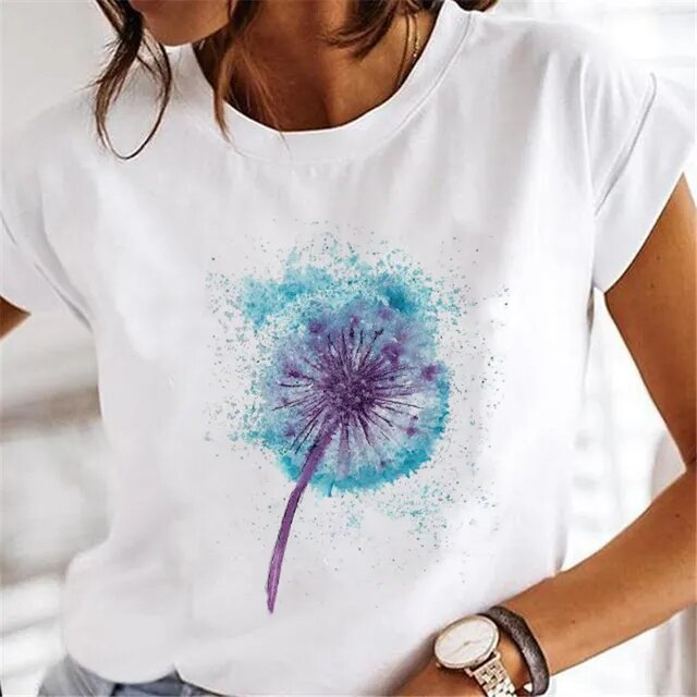 Women Dandelion T-shirts Fashion Clothing Cartoon Clothes Watercolor 90s Short Sleeve Spring Summer Female Tee Graphic Tshirt