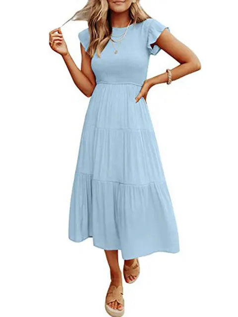 2023 Summer Fashion Casual Pleated A Line Women's Dress Fashion Elegant Chic Solid O-neck Flying Sleeve Long Dresses For Women