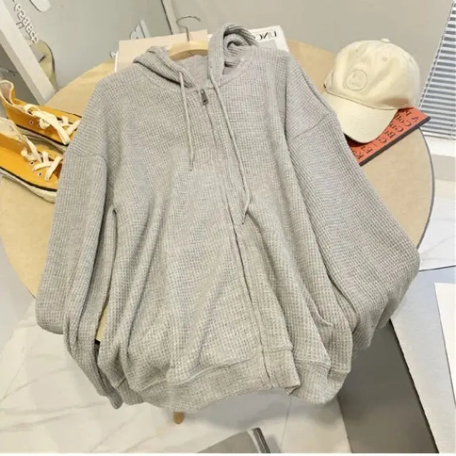 Loose Plus Size Zipper Hoodie Women Autumn Slim Fit Long Sleeve Open Shirt Korean Style Casual Polyester Fabric Cardigan