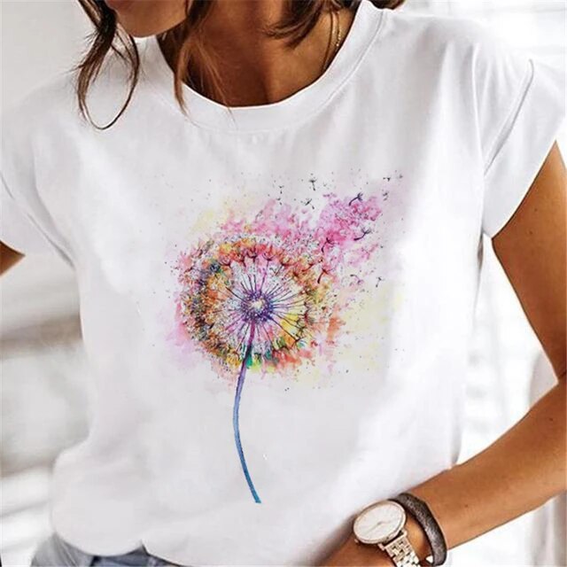 Women Dandelion T-shirts Fashion Clothing Cartoon Clothes Watercolor 90s Short Sleeve Spring Summer Female Tee Graphic Tshirt