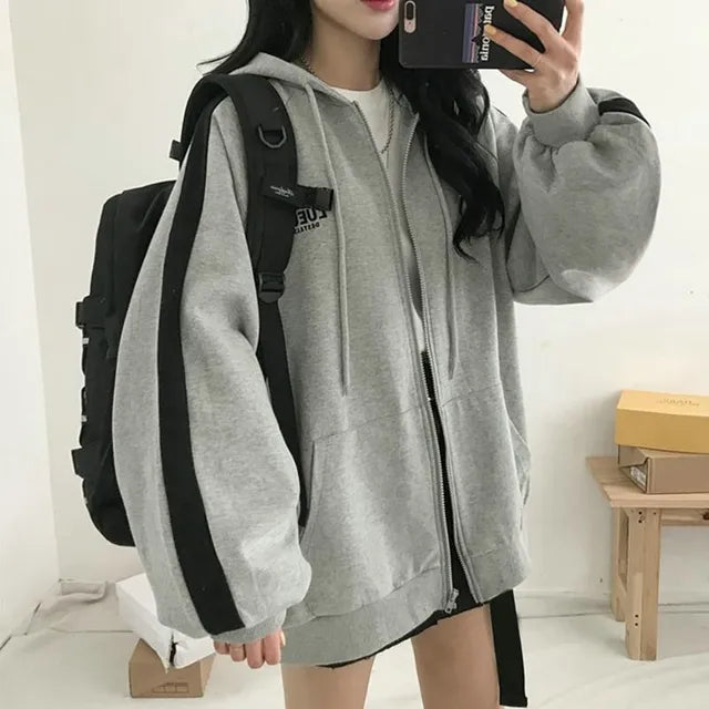 Women Hoodies 2023 Autumn Retro Solid Color Zip Up Oversized Sweatshirts Harajuku Korean Version Long Sleeve Hooded Jackets Coat