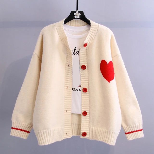 Girl Sweet Chic Love Heart Pattern Long Sleeve Cardigan Coat Japan Style V Neck Single Breasted Sweater Elastic Knit Women Tops