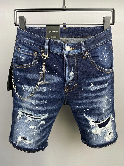 summer Men's Denim Shorts Print Letter Breeches Half Pants Slim Fit Elasticity Splatted Paint Beggar Trousers dsq2 jeans short