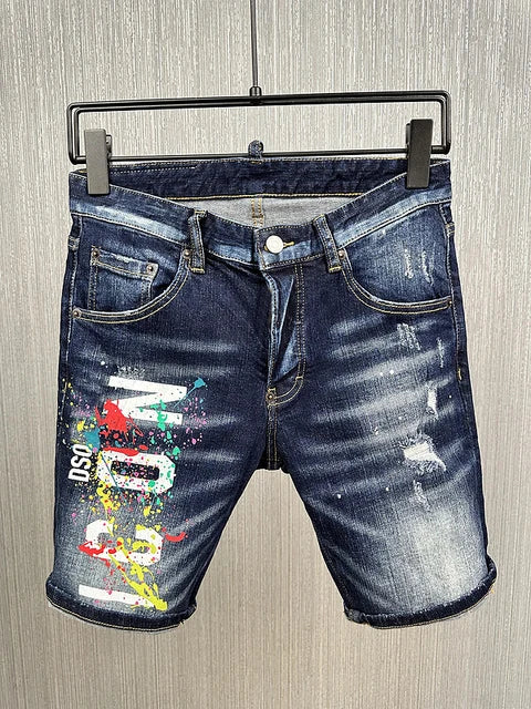 summer Men's Denim Shorts Print Letter Breeches Half Pants Slim Fit Elasticity Splatted Paint Beggar Trousers dsq2 jeans short