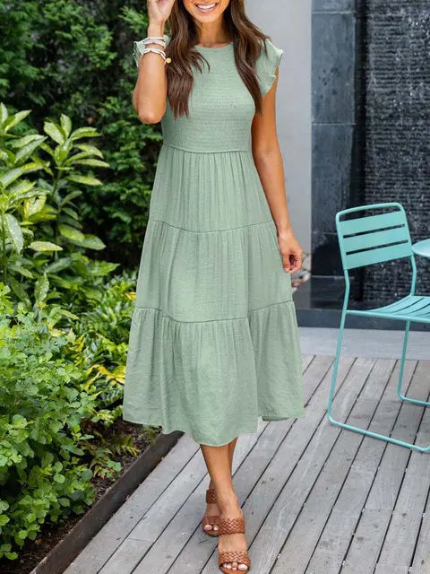 2023 Summer Fashion Casual Pleated A Line Women's Dress Fashion Elegant Chic Solid O-neck Flying Sleeve Long Dresses For Women