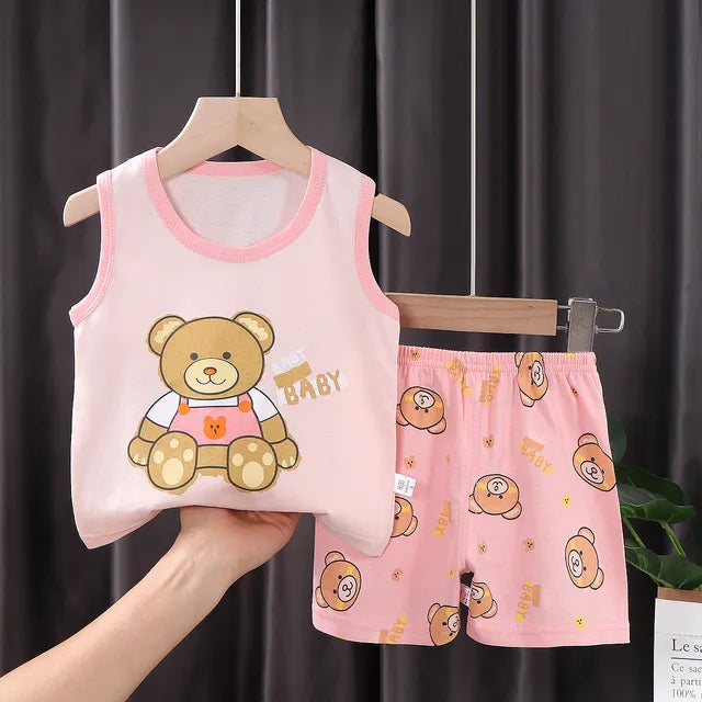 2PCS Children Sets Kids Clothes Vest Suit Summer Children Clothing baby Cotton T-Shirts Shorts Tank Top Boys Girls Sleeveless