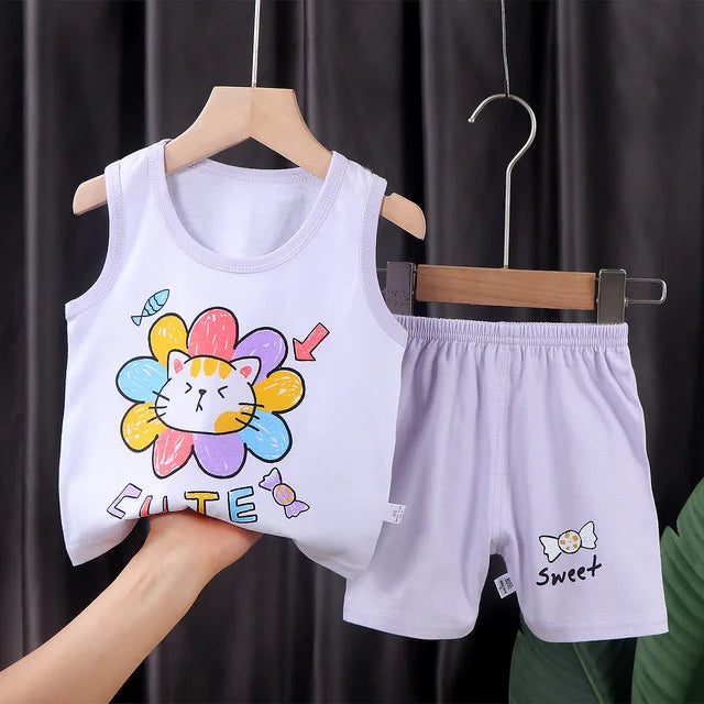 2PCS Children Sets Kids Clothes Vest Suit Summer Children Clothing baby Cotton T-Shirts Shorts Tank Top Boys Girls Sleeveless