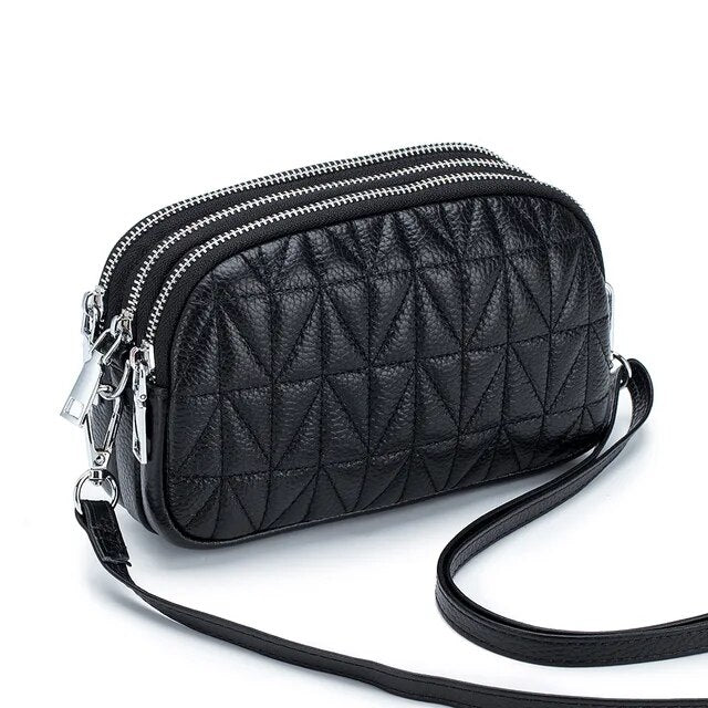 Small Crossbody Bag for Women Real Leather Quilted Shoulder Handbag Trendy Design Triple Zip Cellphone Purse Soft Cowhide Wallet