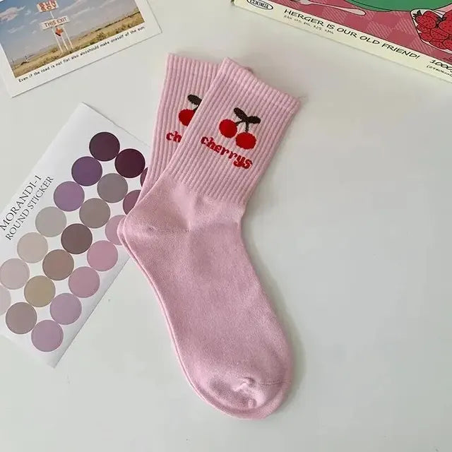 Trendy Versatile Pink White Flower Socks Girls Cute Polka Dot Cotton Socks Anti-Slip Antibacterial Sweat Absorbent All Seasons