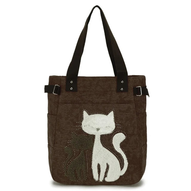 Women Canvas Shoulder Bags Female Cute Cat Plush Rivet Handbag Ladies Casual College School Books Totes Shopping Bag For Girls