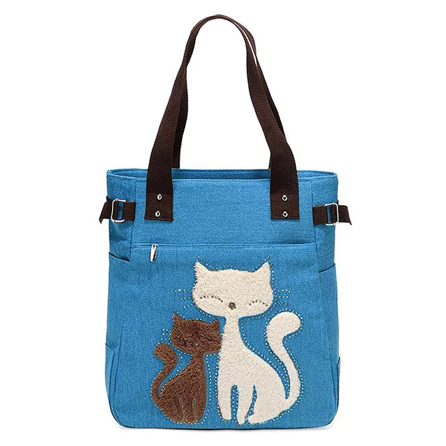 Women Canvas Shoulder Bags Female Cute Cat Plush Rivet Handbag Ladies Casual College School Books Totes Shopping Bag For Girls