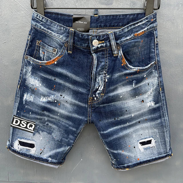 summer Men's Denim Shorts Print Letter Breeches Half Pants Slim Fit Elasticity Splatted Paint Beggar Trousers dsq2 jeans short