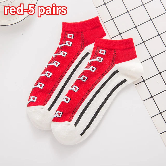 5 Pairs Funny Shoe Print Socks Fashion Harajuku Style Hip Hop Cute Fashion Soft Womens Slippers Socks Unisex Low Tube Socks