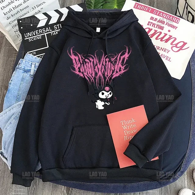 Kawaii Kuromi Series Kulomi Printed Hoodie Anime Autumn Sweater New Loose Clothes Korean Version Harajuku Student Sweatshirt