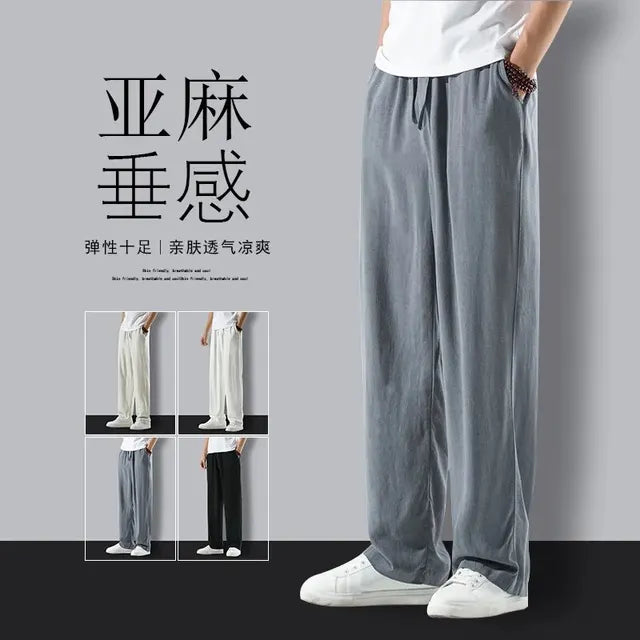 Men Summer Thin Breathable Slim Fit Casual Loose Trousers Large Size Cotton Linen Fabric Suitable Middle-Aged Elderly