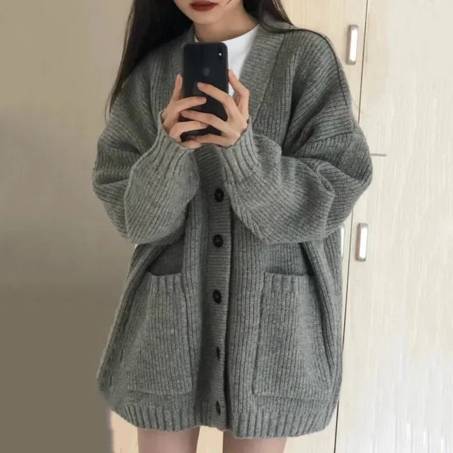 Women Button Pocket Loose Cardigan Coats Autumn Lady Korea Student Button Knitwear Sweaters PUMY-01