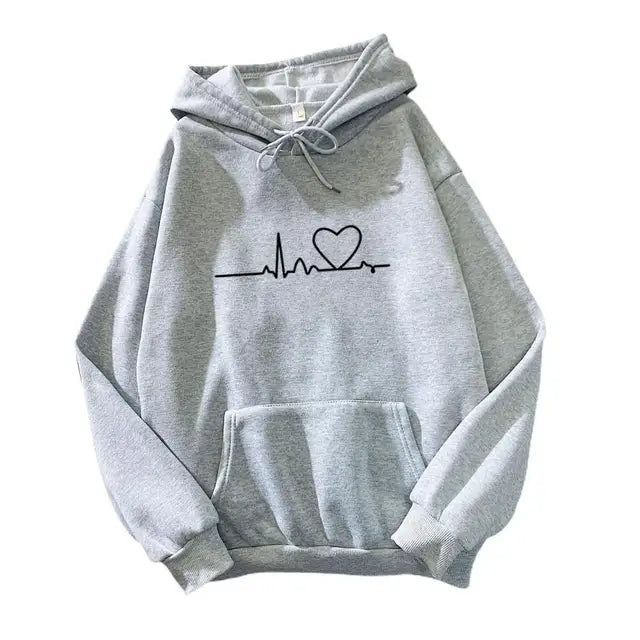 Chic Elastic Hem Women Autumn Hoodie Streetwear Women Autumn Hoodie Elastic Cuff Heart Print Couple Hoodie for School