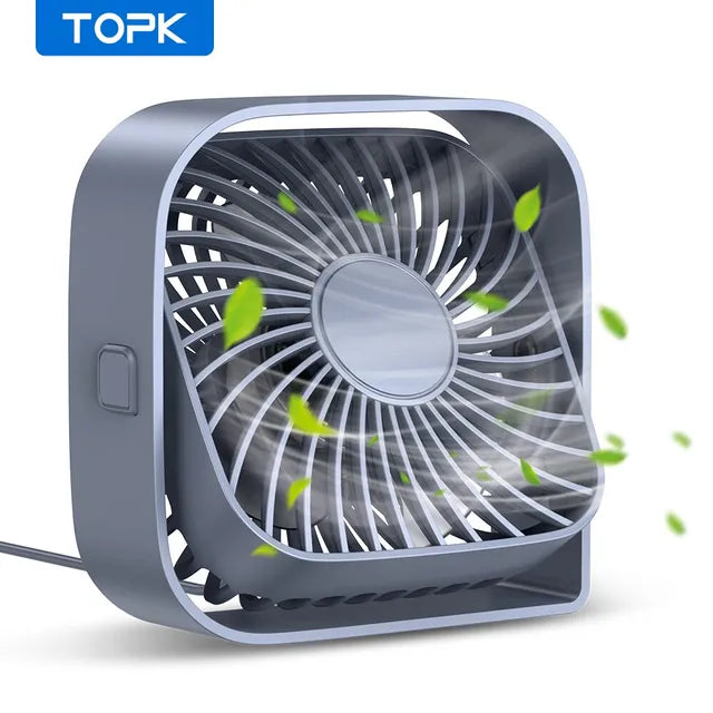 TOPK USB Desk Fan Strong Airflow & Quiet Operation 3 Speed Wind Mini Table Fan 360° Rotatable Head for Home Office Bedroom Table