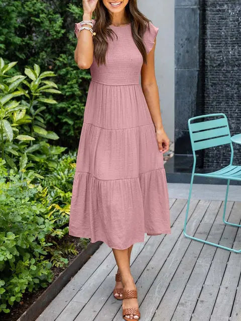 2023 Summer Fashion Casual Pleated A Line Women's Dress Fashion Elegant Chic Solid O-neck Flying Sleeve Long Dresses For Women