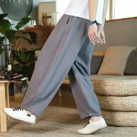 Loose Plus Size Summer Men Linen Pants Large Size Fat Person Wide Leg Casual Nine-Point Pants