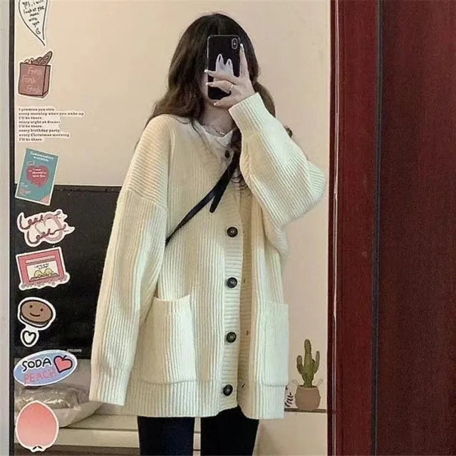 Women Button Pocket Loose Cardigan Coats Autumn Lady Korea Student Button Knitwear Sweaters PUMY-01