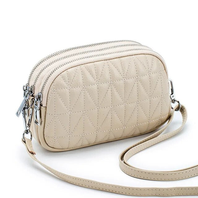 Small Crossbody Bag for Women Real Leather Quilted Shoulder Handbag Trendy Design Triple Zip Cellphone Purse Soft Cowhide Wallet