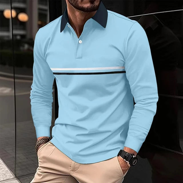 2024 Men New Stripe Long Sleeve Polo Shirt , Men Casual Simple Style Polo Shirt .