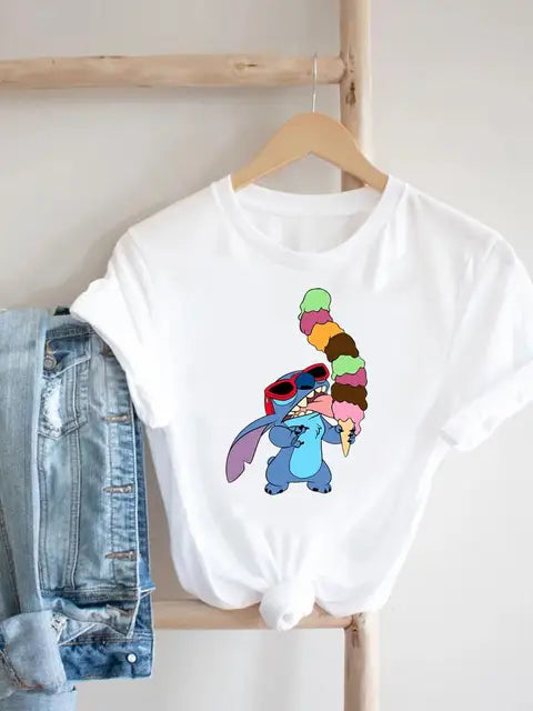 Disney Clothes Tee Stitch 90s Sweet Cute Lovely Top Clothing Women Female Printed Fashion Lady Cartoon Casual Graphic T-shirts