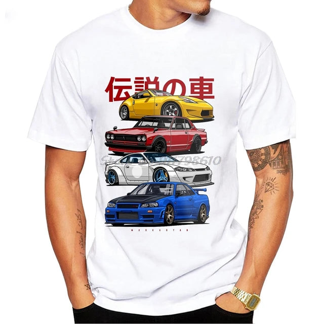 2023 Summer New Retro Car Print T-shirt Fashion Round Neck Men's Short Sleeve Fun Boys' Casual Top Hippy White