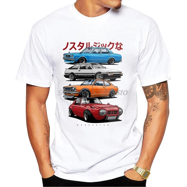 2023 Summer New Retro Car Print T-shirt Fashion Round Neck Men's Short Sleeve Fun Boys' Casual Top Hippy White