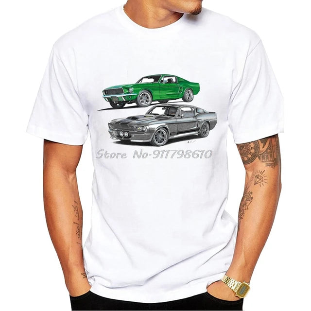 2023 Summer New Retro Car Print T-shirt Fashion Round Neck Men's Short Sleeve Fun Boys' Casual Top Hippy White