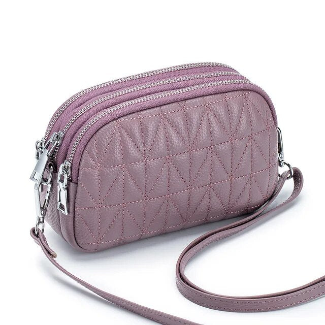 Small Crossbody Bag for Women Real Leather Quilted Shoulder Handbag Trendy Design Triple Zip Cellphone Purse Soft Cowhide Wallet