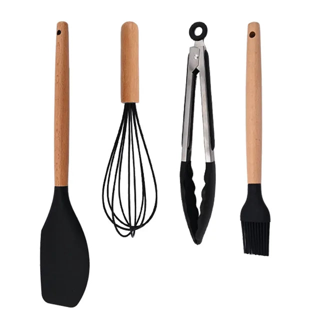 White Food Grade Silicone Kitchen Cookware Utensils Turner Spatula Spoon Wooden Handle Practical Cooking Tool Kitchenware Set