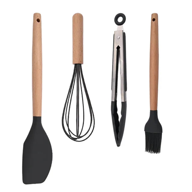 White Food Grade Silicone Kitchen Cookware Utensils Turner Spatula Spoon Wooden Handle Practical Cooking Tool Kitchenware Set