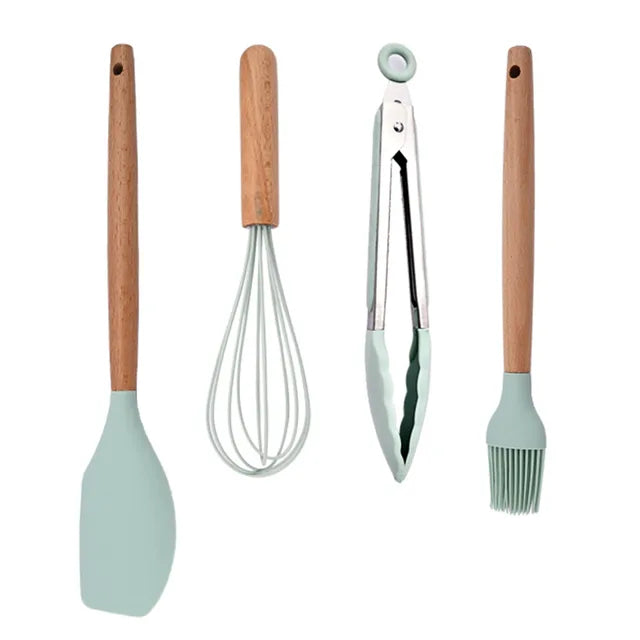 White Food Grade Silicone Kitchen Cookware Utensils Turner Spatula Spoon Wooden Handle Practical Cooking Tool Kitchenware Set