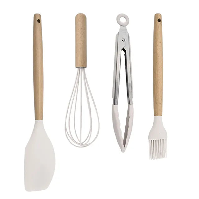 White Food Grade Silicone Kitchen Cookware Utensils Turner Spatula Spoon Wooden Handle Practical Cooking Tool Kitchenware Set