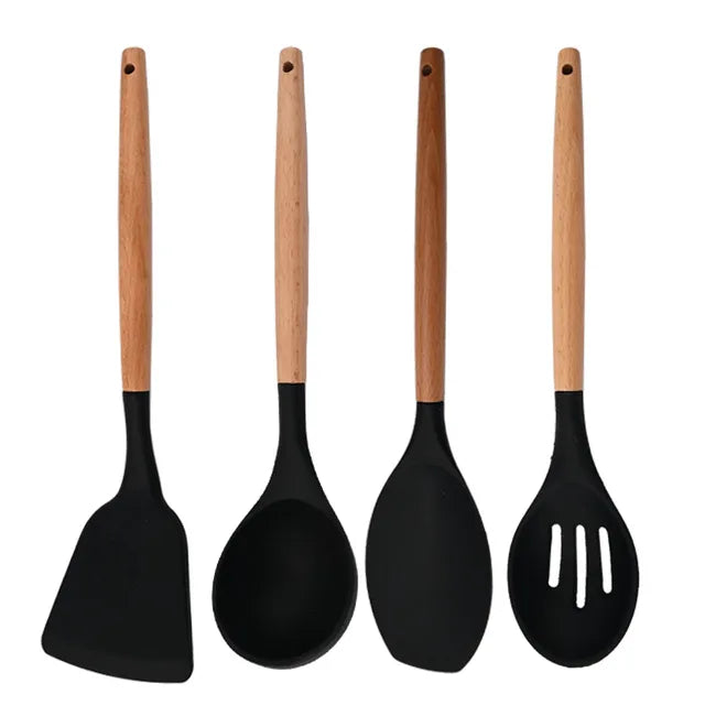 White Food Grade Silicone Kitchen Cookware Utensils Turner Spatula Spoon Wooden Handle Practical Cooking Tool Kitchenware Set