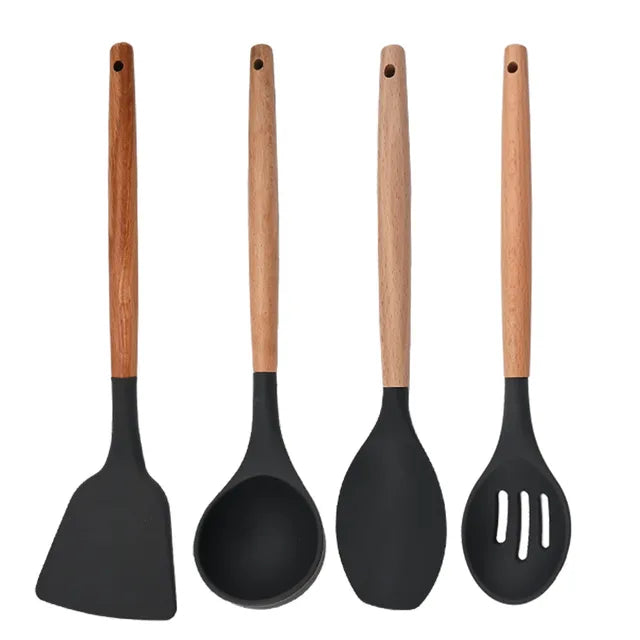 White Food Grade Silicone Kitchen Cookware Utensils Turner Spatula Spoon Wooden Handle Practical Cooking Tool Kitchenware Set