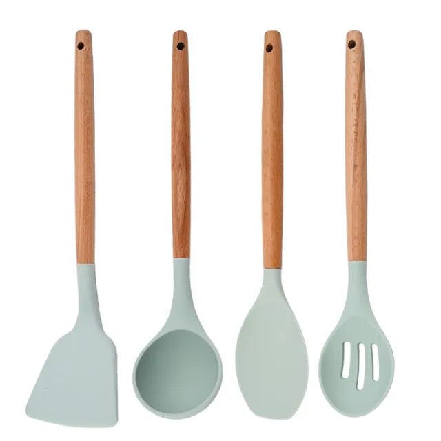 White Food Grade Silicone Kitchen Cookware Utensils Turner Spatula Spoon Wooden Handle Practical Cooking Tool Kitchenware Set