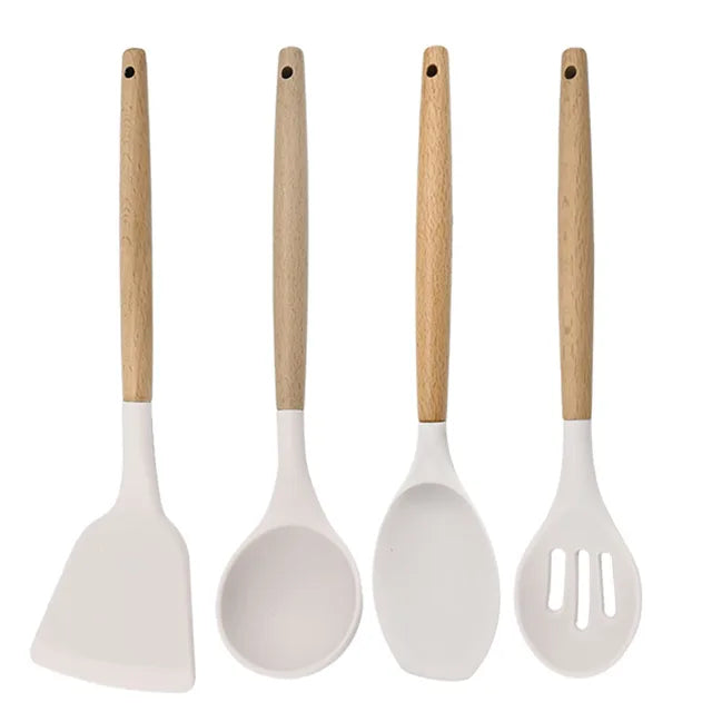 White Food Grade Silicone Kitchen Cookware Utensils Turner Spatula Spoon Wooden Handle Practical Cooking Tool Kitchenware Set